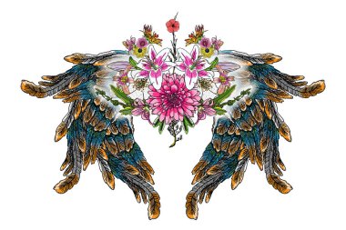 Sevgililer günü kavramı poster ile el angel ve kuş kanatları çizimi