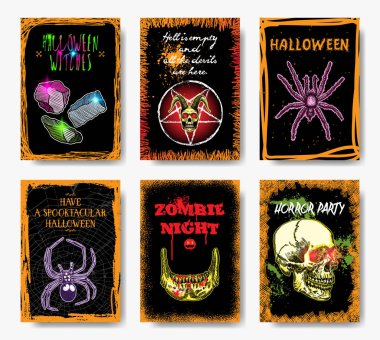 Cadılar Bayramı tatil elle çizilmiş el ilanı posterler ve tebrik kartları