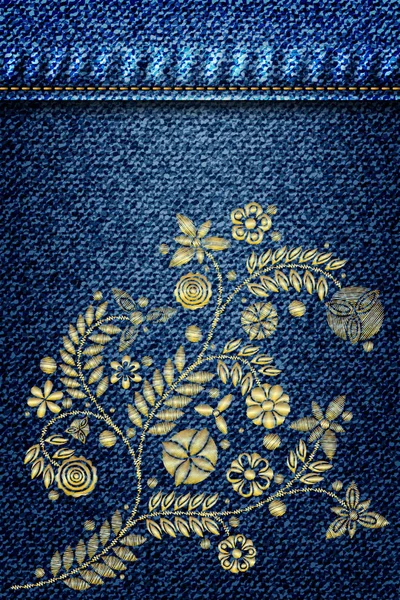 女の子デニム刺繍ゴールド トレンドの花の花束と. — ストックベクタ