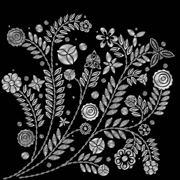 装飾的な花が咲いている花の刺繍シルバー. — ストックベクタ
