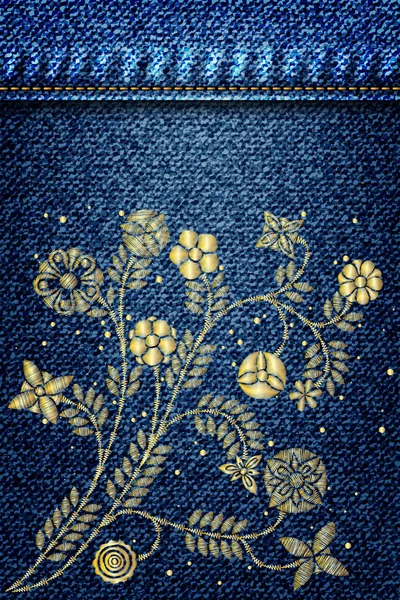 Texture denim fille avec broderie tendance or bouquet floral . — Image vectorielle