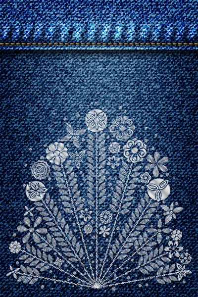 Джинсовая текстура девушки с вышивкой серебристый цветочный букет тенденции . — стоковый вектор