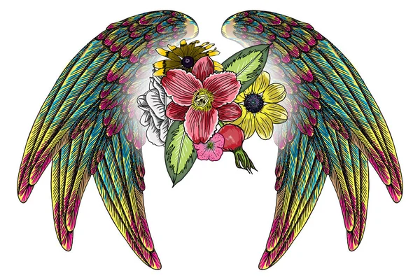 Rosa y flores con alas de ángel o pájaro . — Vector de stock