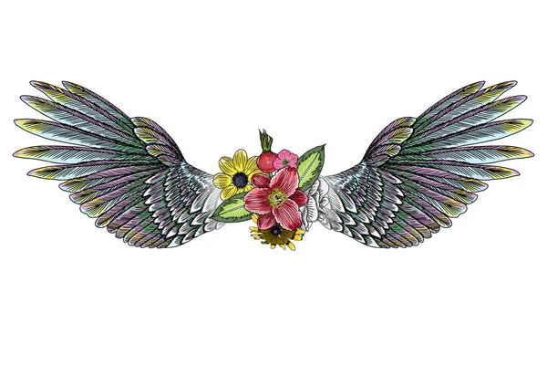 Bela ilustração com lírio, rosas e camomilas flores e pássaros asas — Vetor de Stock