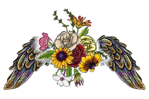 Lily, gül ve chamomiles çiçekler ve kuşlar kanatlı güzel illüstrasyon