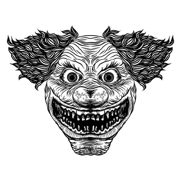 Evil scary clown monster with big nose and sharp teeth. — Stock Vector