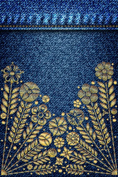 Mädchen Denim Textur mit Stickerei Gold Trend Blumenstrauß. — Stockvektor