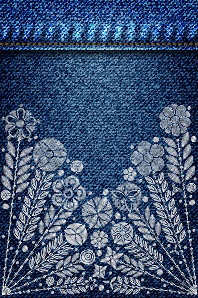 Texture denim fille avec broderie tendance argent bouquet floral . — Image vectorielle