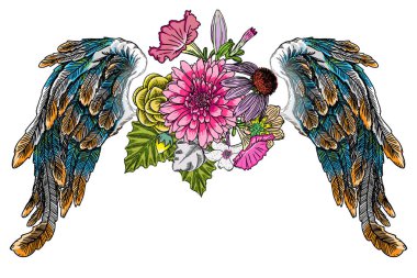 Süslü kanatları ve zarif vintage çiçek buketi moda