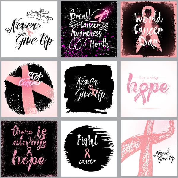 Set van Breast cancer awareness month in oktober kaarten ontwerp — Stockvector