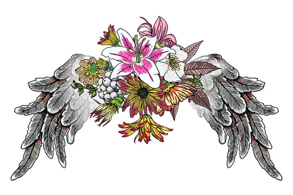 Süslü kanatları ve zarif vintage çiçek buketi moda