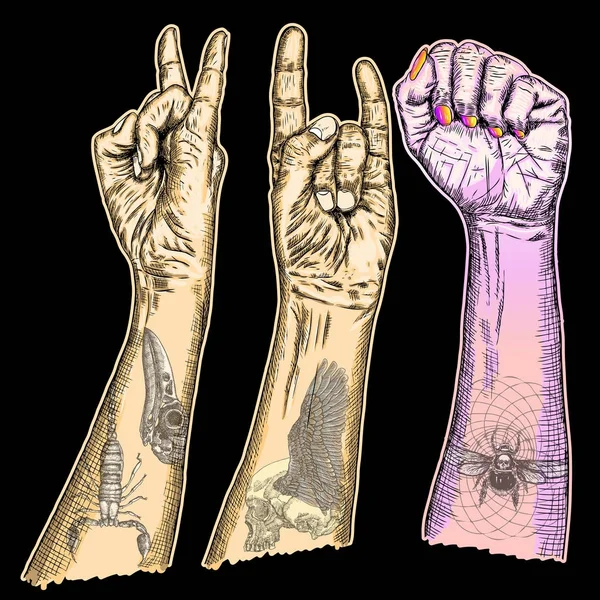 Sanatsal posterler için kadın, erkek kol yumruk sembolleri çizilmiş..