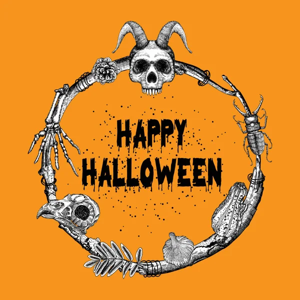 Счастливого Хэллоуина с нарисованными вручную ветками, лавровым венком — стоковый вектор