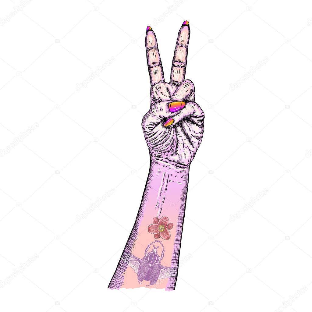 Young women fist wrist freedom victory sign