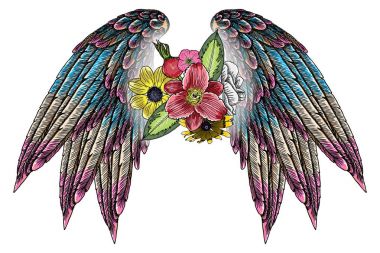 Süslü kanatları ve çiçek buketi moda