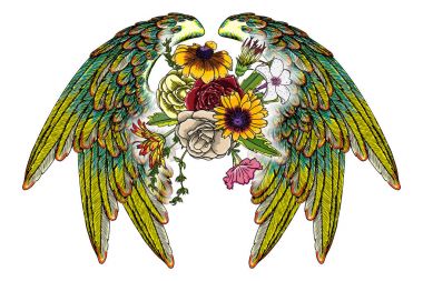 Süslü kanatları ve çiçek buketi moda