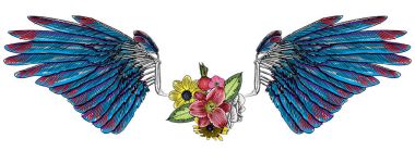 Süslü kanatları ve çiçek buketi moda