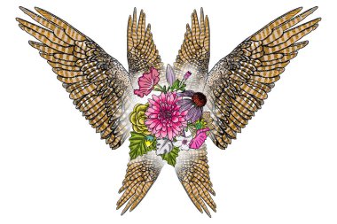 Süslü kanatları ve çiçek buketi moda