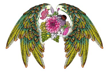 Süslü kanatları ve çiçek buketi moda