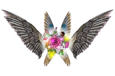 Süslü kanatları ve çiçek buketi moda