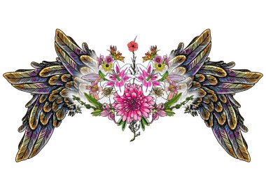 Süslü kanatları ve çiçek buketi moda