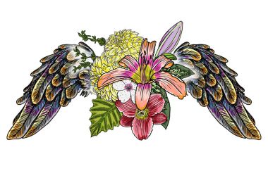 Süslü kanatları ve çiçek buketi moda