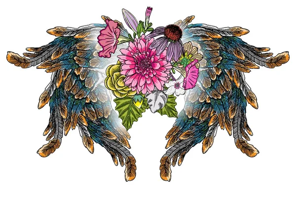 Περίτεχνα ντεμοντέ φτερά και μπουκέτο λουλουδιών — Διανυσματικό Αρχείο
