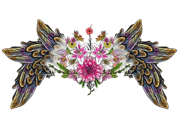 Süslü kanatları ve çiçek buketi moda