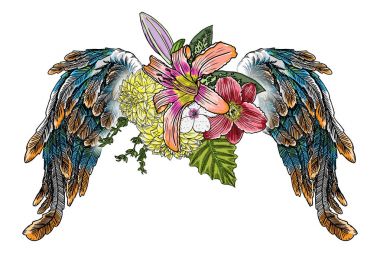 Süslü kanatları ve çiçek buketi moda