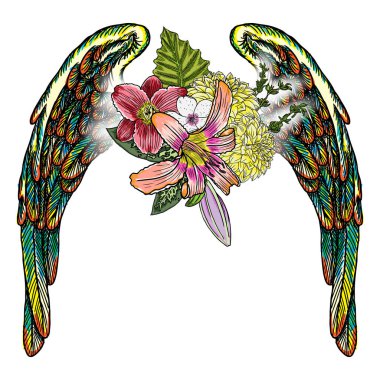 Süslü kanatları ve çiçek buketi moda
