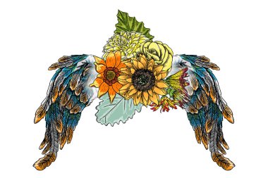 Süslü kanatları ve çiçek buketi moda