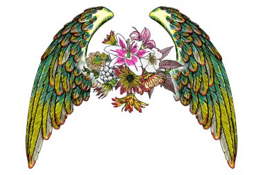 Süslü kanatları ve çiçek buketi moda