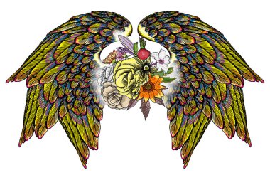 Süslü kanatları ve çiçek buketi moda