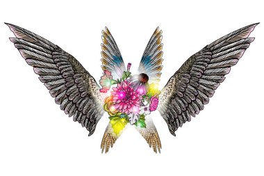 Süslü kanatları ve çiçek buketi moda