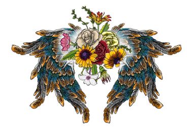 Süslü kanatları ve çiçek buketi moda