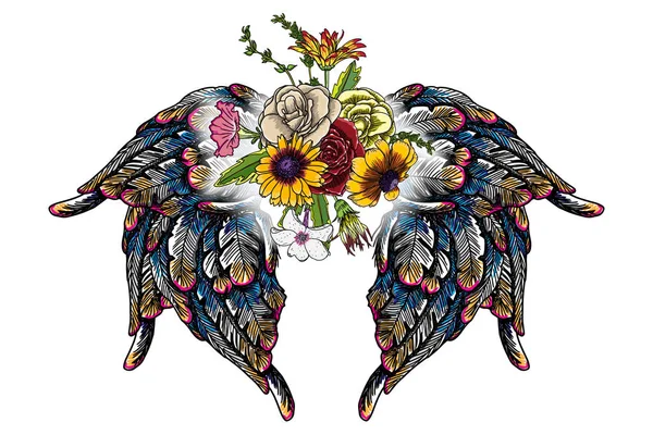 Sierlijke ouderwetse vleugels en bloemboeket — Stockvector