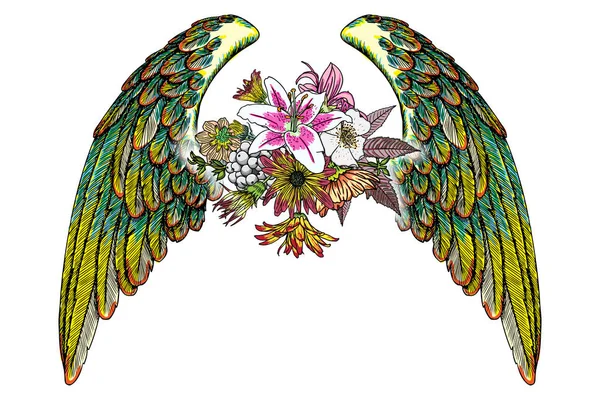 Süslü kanatları ve çiçek buketi moda