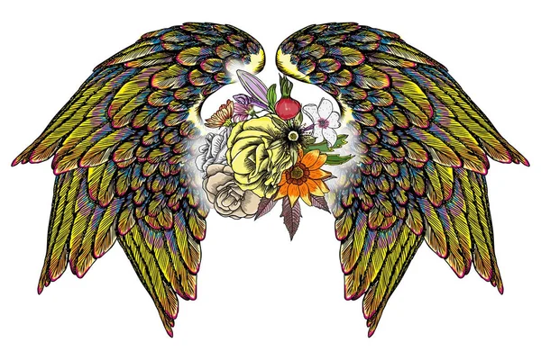 Süslü kanatları ve çiçek buketi moda