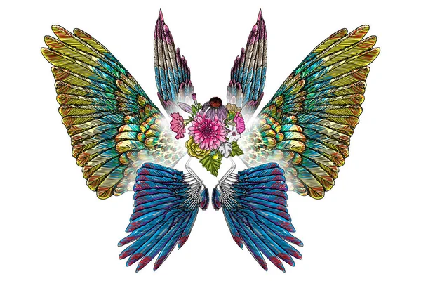 Süslü kanatları ve çiçek buketi moda — Stok Vektör
