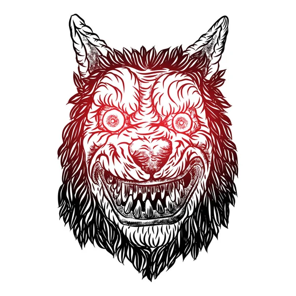 Angry smiling cunning wolf mascot head. — Stock Vector