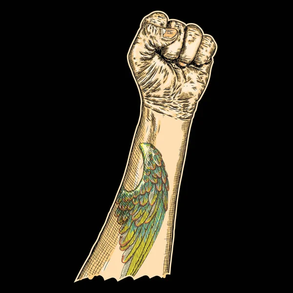Mão masculina humana levantada com tatuagem flash pássaro ou anjo asa , —  Vetores de Stock