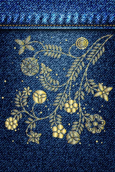 Mädchen Denim Textur mit Stickerei Gold Trend Blumenstrauß. — Stockvektor