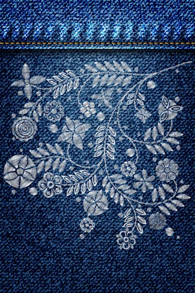 Texture denim fille avec broderie tendance argent bouquet floral . — Image vectorielle