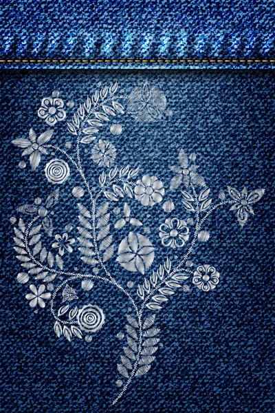 Silberne Spitzenblumen-Stickerei auf Jeans oder blauem Denim-Hintergrund — Stockvektor