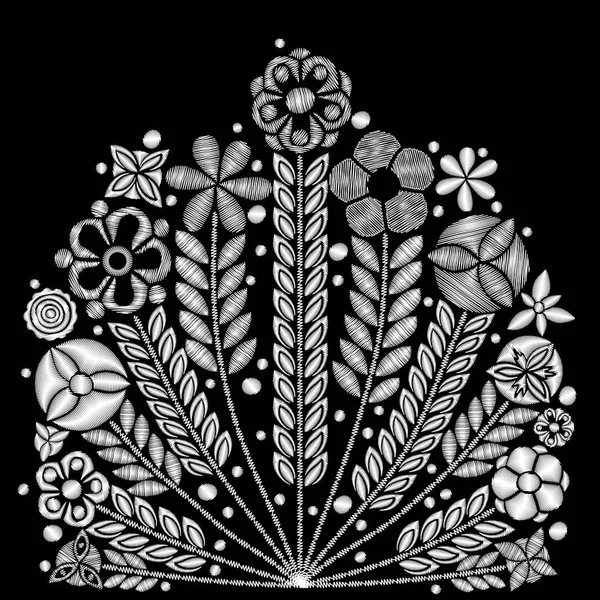 Diseño de bordado de flores blanco y negro . — Vector de stock