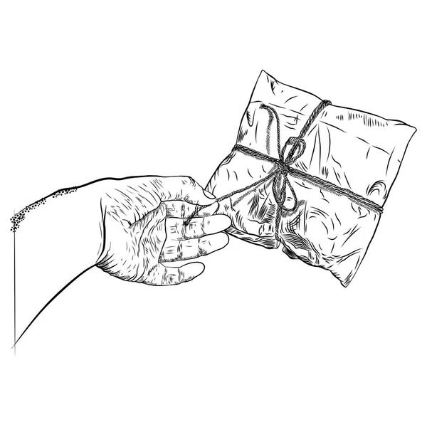 Konzept der Überraschung, weibliche Hand öffnet ein verpacktes Paket — Stockvektor