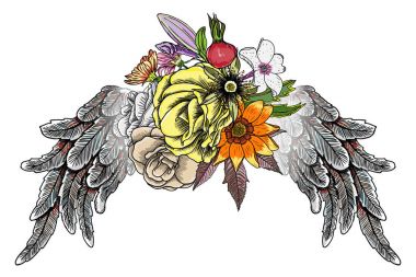 Gül ve çiçek melek ya da kuş kanatlı. 