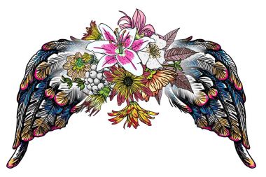 Kanatlı lily, gül ve chamomiles çiçekli güzel illüstrasyon