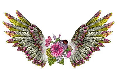 Anneler günü düzen tasarım güller, çiçek ve kuş kanatları çizim