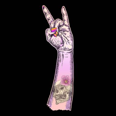 Rock n roll işareti pembe Gotik emo kız elinde 